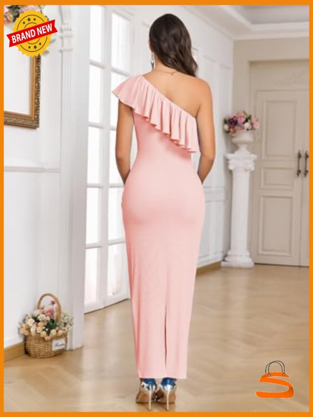 One Shoulder Ruffle Maternity Maxi Dress Ruched Summer Photoshoot - Picture 4 of 7